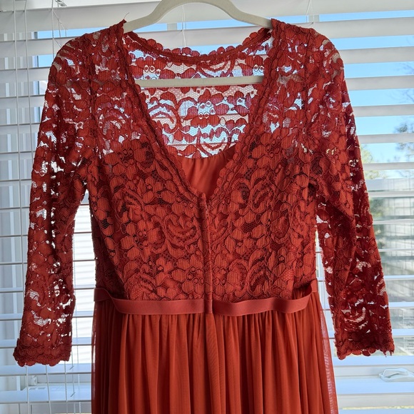 David's Bridal floor length burnt orange lace overlay dress with side slit sz 8 - Picture 4 of 14